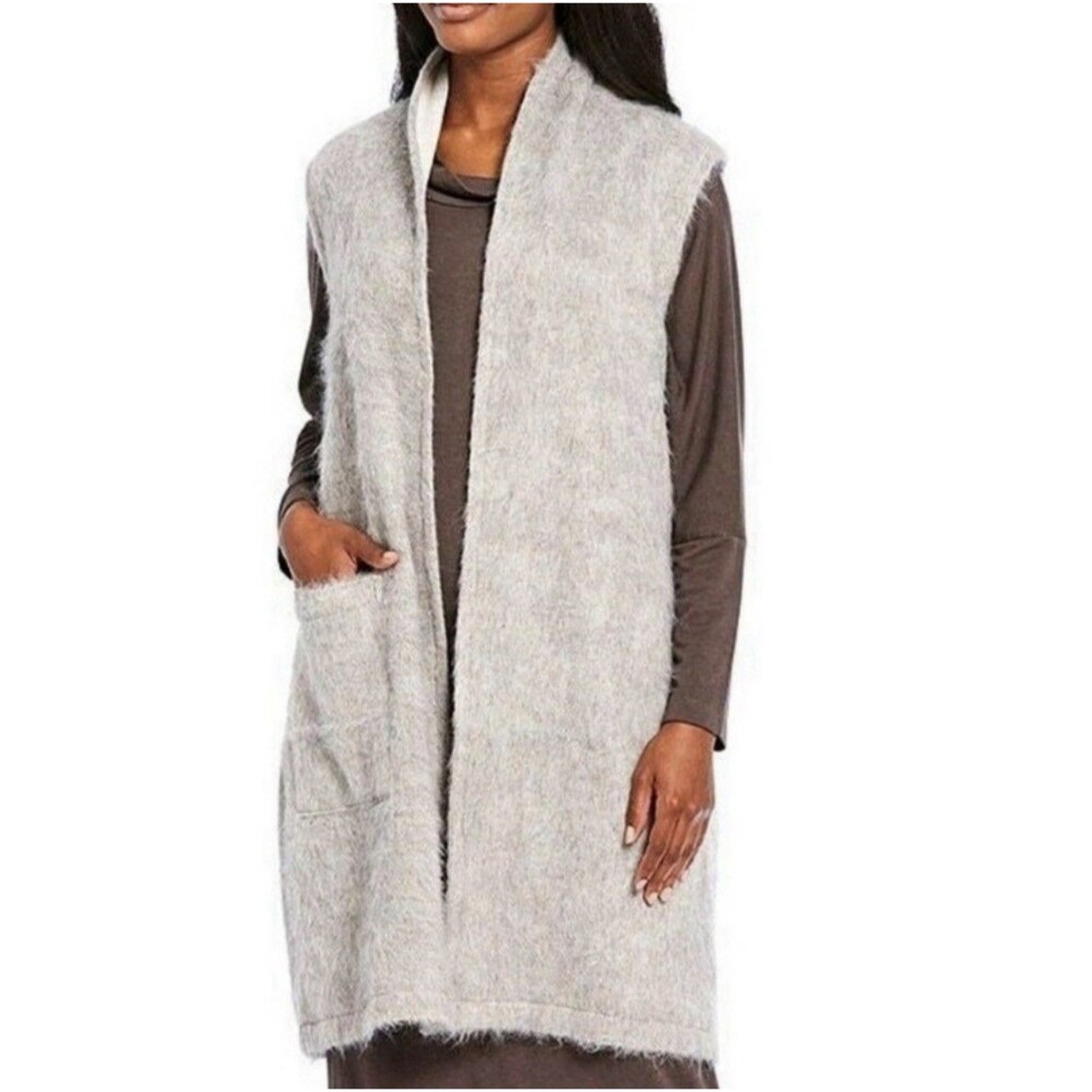 Bryn Walker Edmund Organic Brushed Terry Long Open Vest Angora Wool Gray Sz L